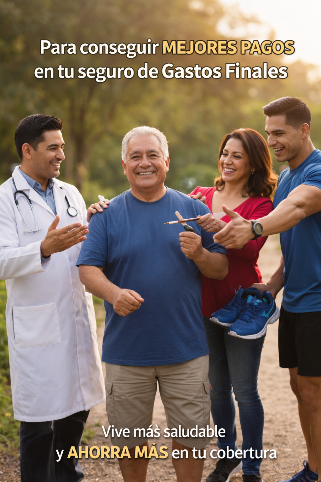 Hombre latino de 65 años en un parque recibiendo apoyo de su médico, su esposa y un entrenador personal para mejorar su salud y obtener mejores pagos en su cobertura de gastos finales funerarios en Estados Unidos. Comprando  seguro de gastos finales