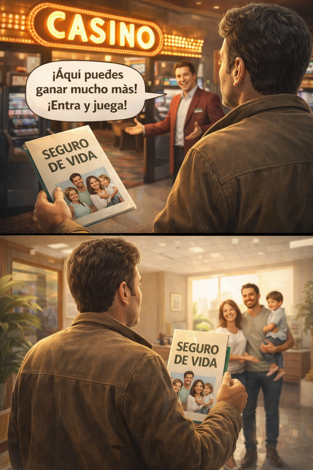 imagen muestra la tentacion de no proteger la familia e ir a un casino pero el hombre eligio comprar el seguro de gastos finales funerarios y dejar para a la familia para cuando el ya no este. Todo pagado, el funeral, sepelio, o cremacion o transport