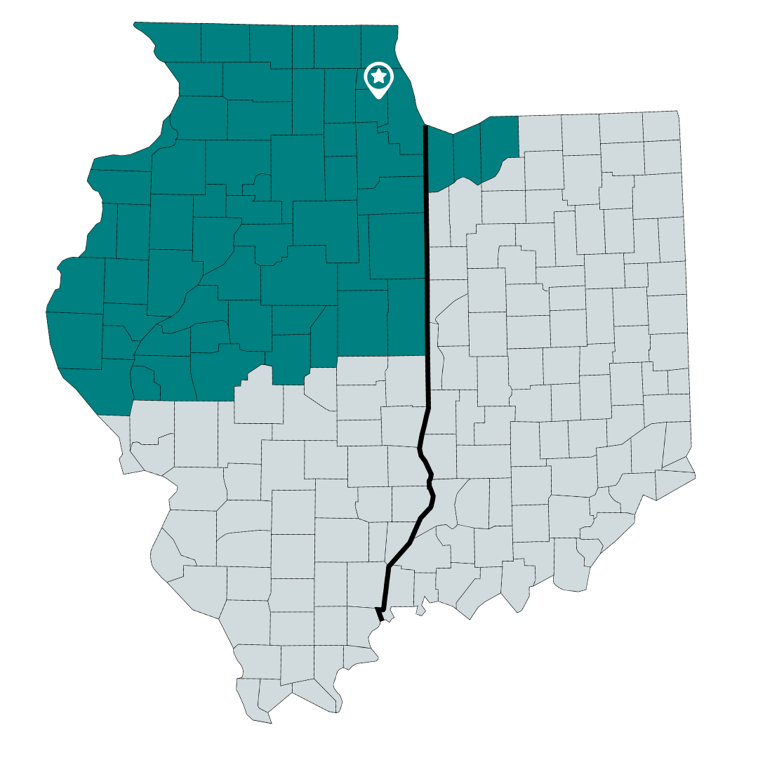 Map of Illinois divided into counties, with the northern counties shaded in teal and the southern counties in light gray. A black line separates the two regions, and a star icon is placed in a northern teal county.