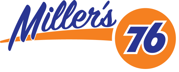 Miller's 76 logo with blue script font, orange swoosh, and blue and white number 76 inside an orange circle.