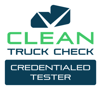 Logo for Clean Truck Check featuring a checkmark and a semi-truck icon, with text indicating a credentialed tester for truck inspections.