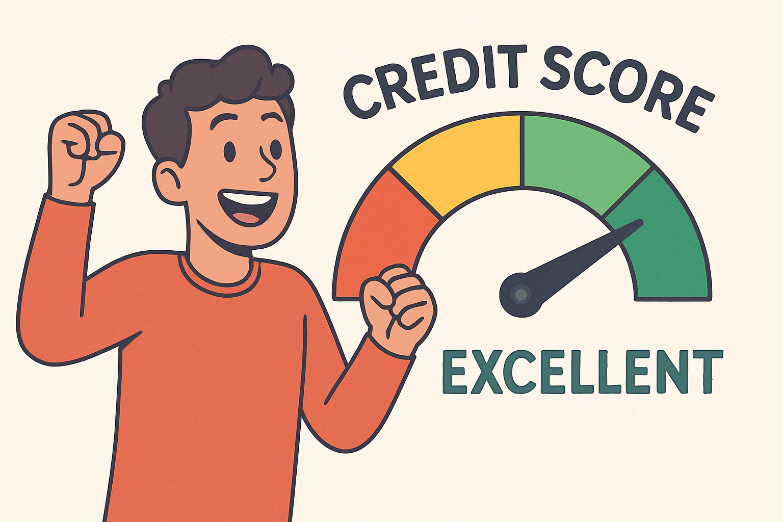 A cartoon person smiling and raising a fist, next to a gauge showing a high credit score level with the words 'Credit Score' and 'Excellent'.