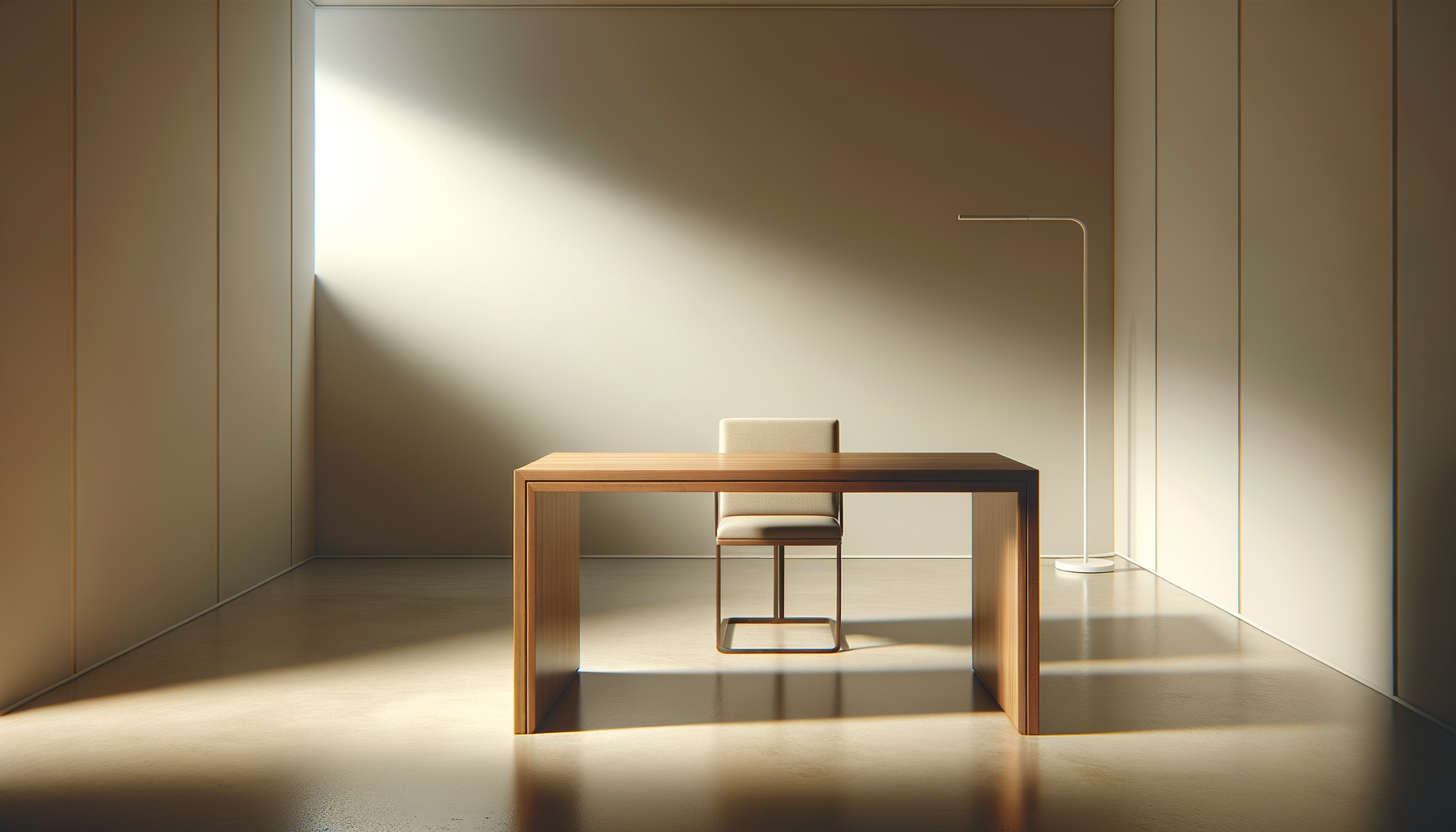 Minimalist office with wooden desk, beige chair, white floor lamp, and sunlight streaming through a window, casting shadows in a plain room.