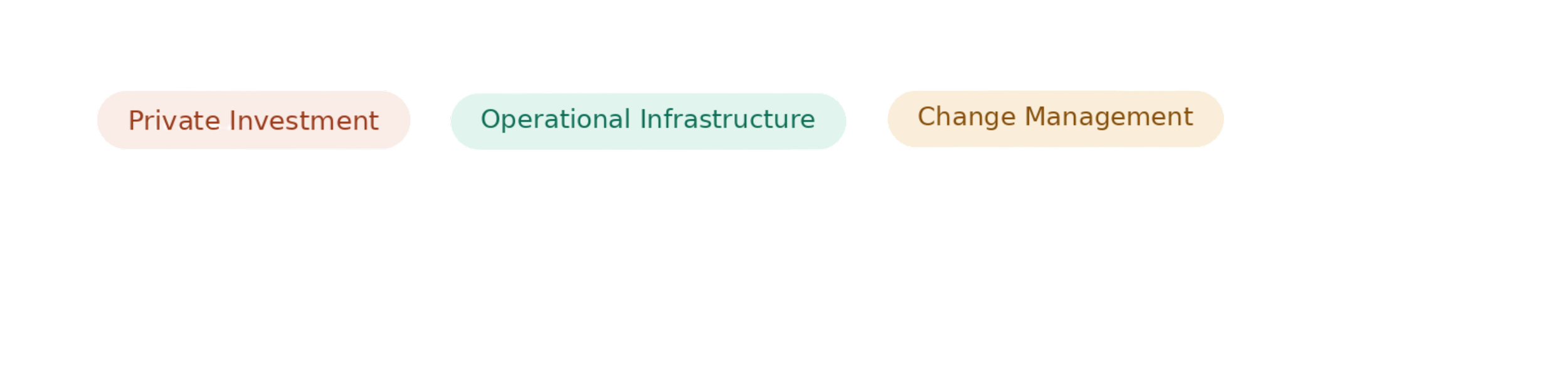 A diagram showing arrows pointing to the words 'Private Investment,' 'Operational Infrastructure,' and 'Change Management' in colored ovals.