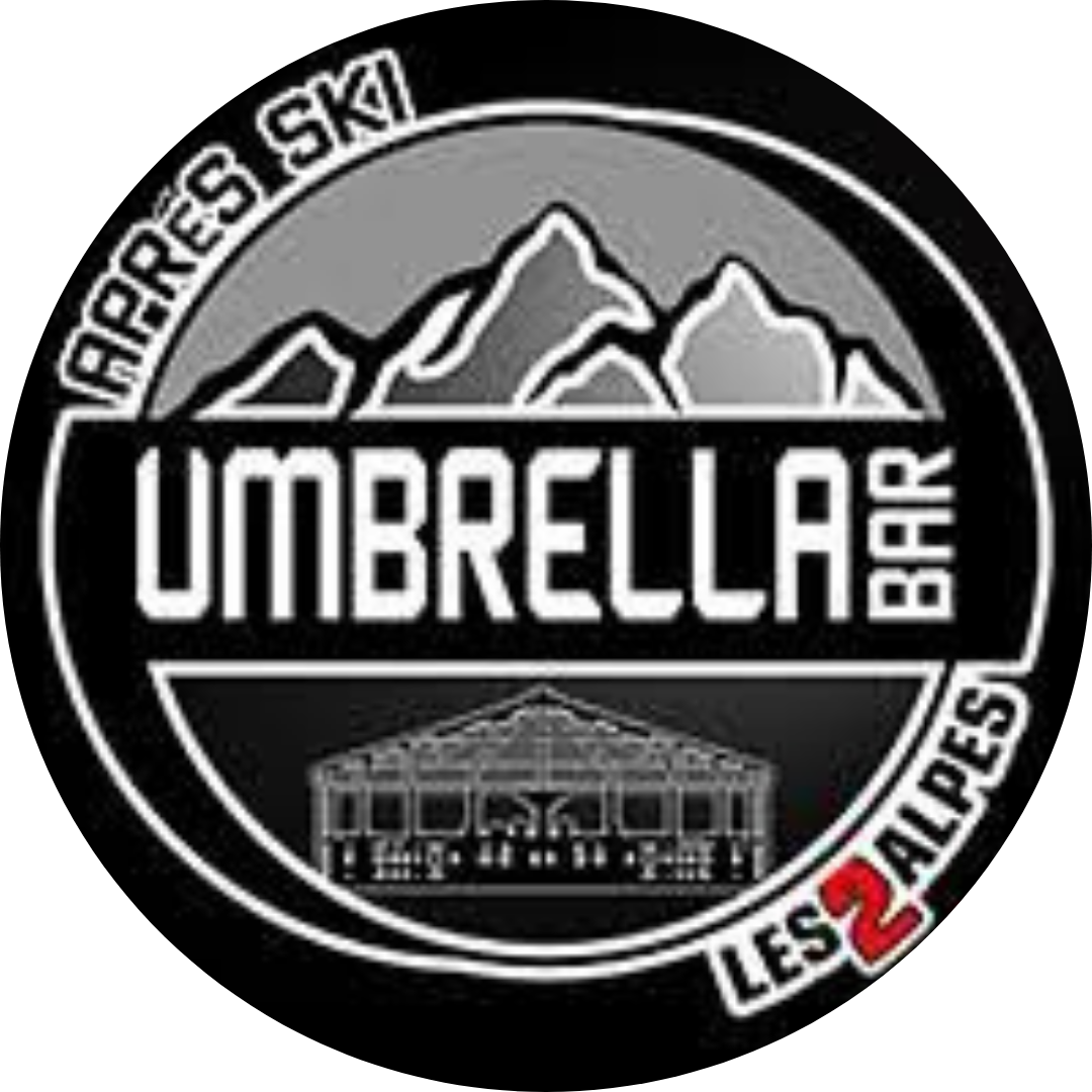 Logo noir et blanc du bar 'Umbrella' situé à Les Deux Alpes, avec des montagnes en arrière-plan et une structure de bar ou de chapiteau en dessous.