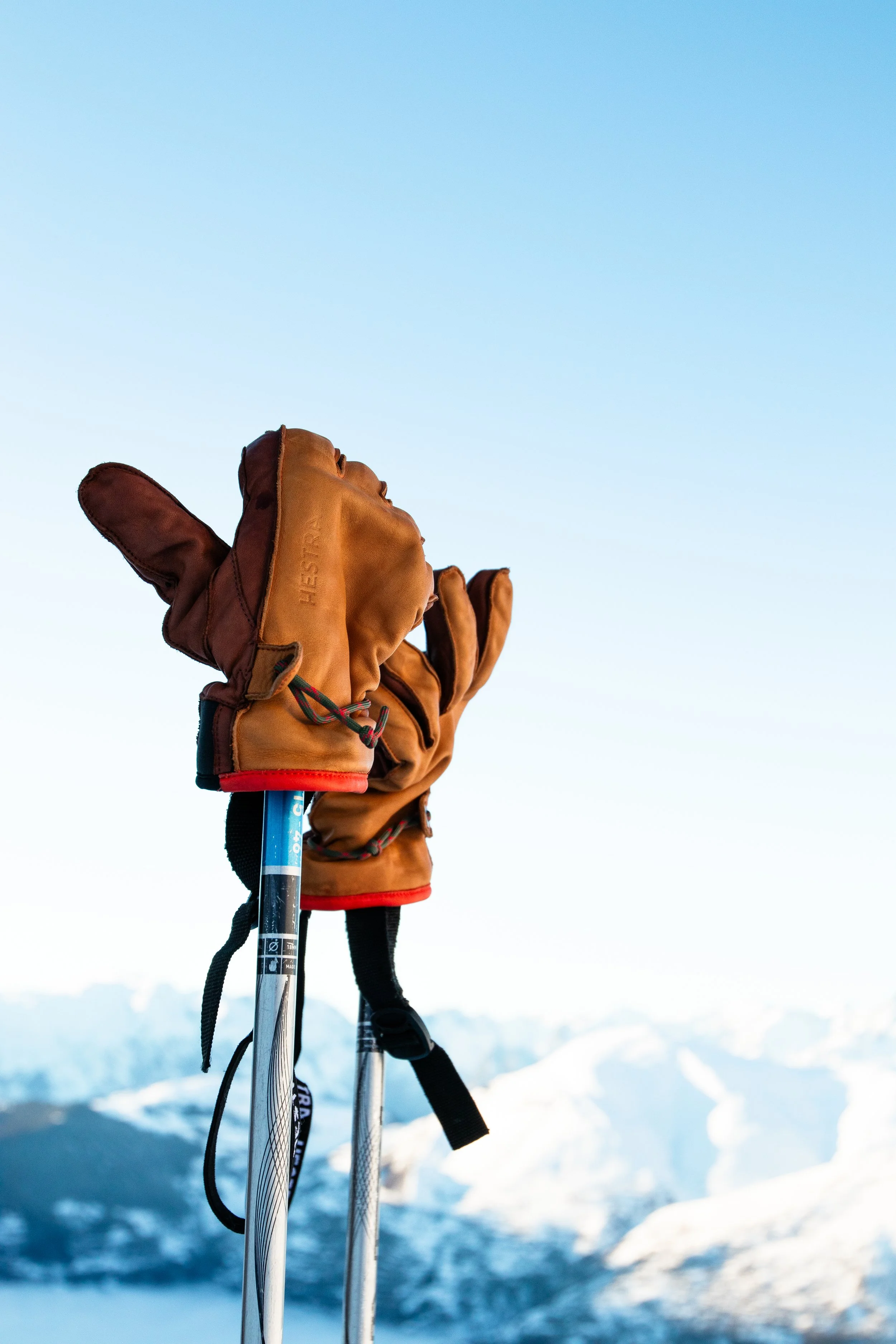 Gants en cuir de ski avec des bâtons de ski face à un paysage de montagnes enneigées sous un ciel clair.