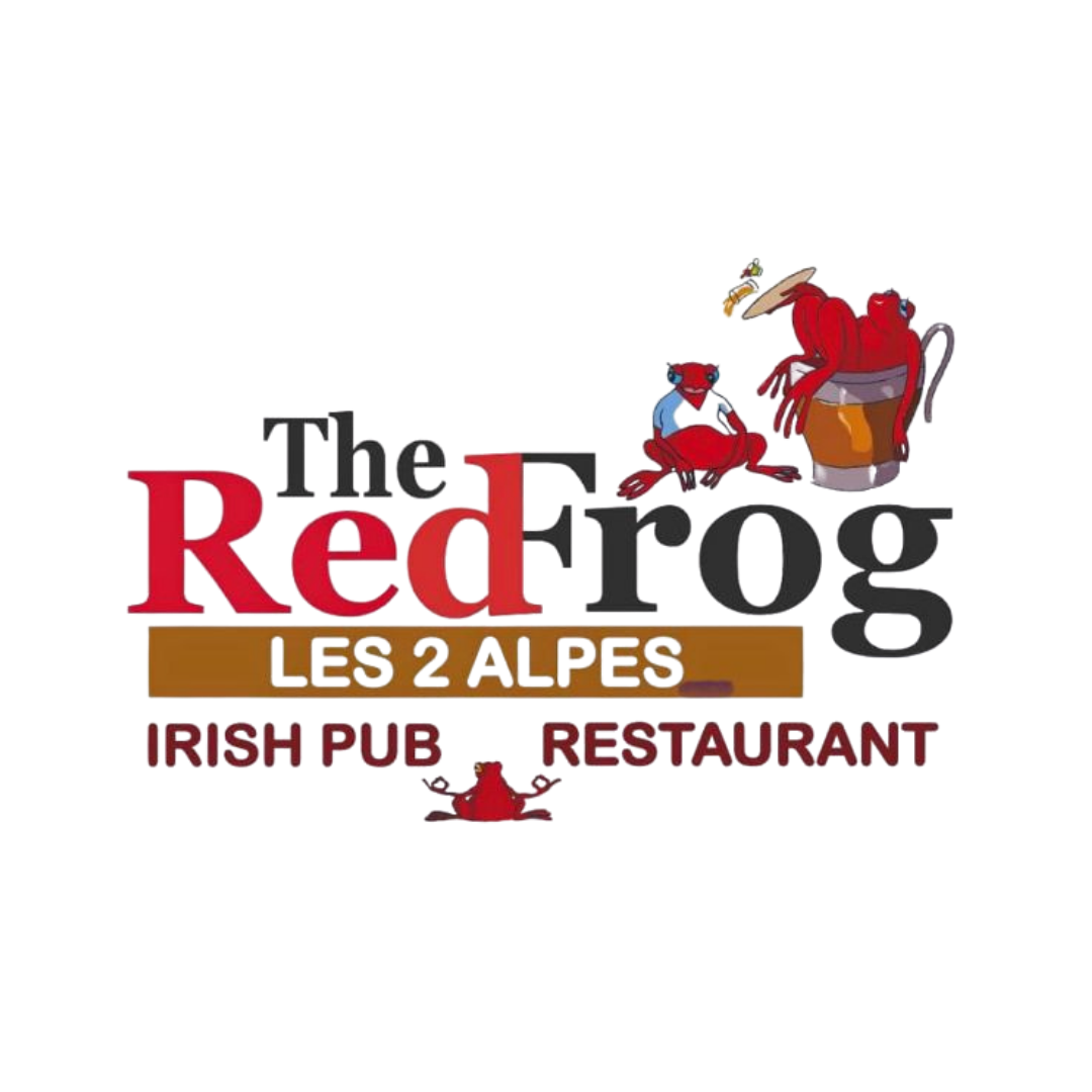 Logo du pub irlandais 'The Red Fox', avec un renard rouge assis à côté d'un chat en costume, un verre de bière et un chapeau irlandais, ainsi que le texte 'Les 2 Alps', 'Irish Pub', et 'Restaurant'.