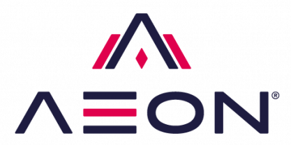 Logo de la société AEON, avec un motif stylisé en forme de triangle et le nom "AEON" en dessous.
