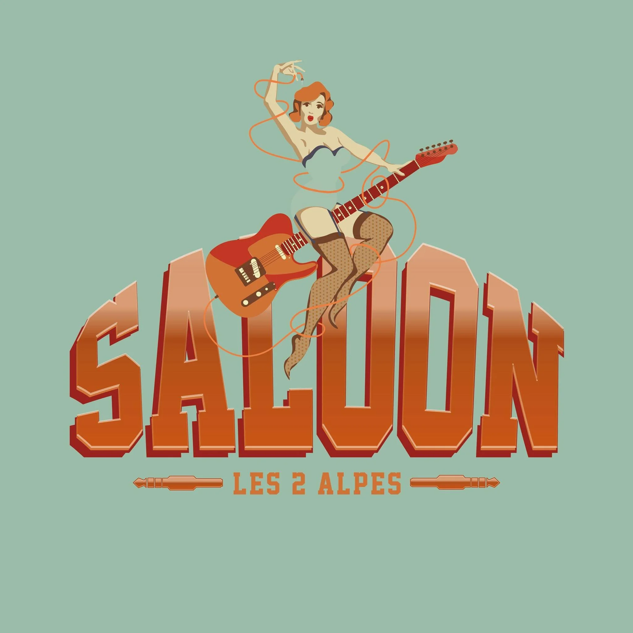 Une illustration stylisée d'une femme avec des cheveux roux, portant des vêtements de lingerie, jouant d'une guitare électrique, assise sur un texte en 3D qui dit 'SALOUX' avec 'LES 2 ALPES' en dessous, sur un fond vert clair.