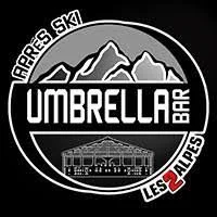 Logo du Bar Umbrella, situé dans les Alpes, avec des montagnes en arrière-plan.