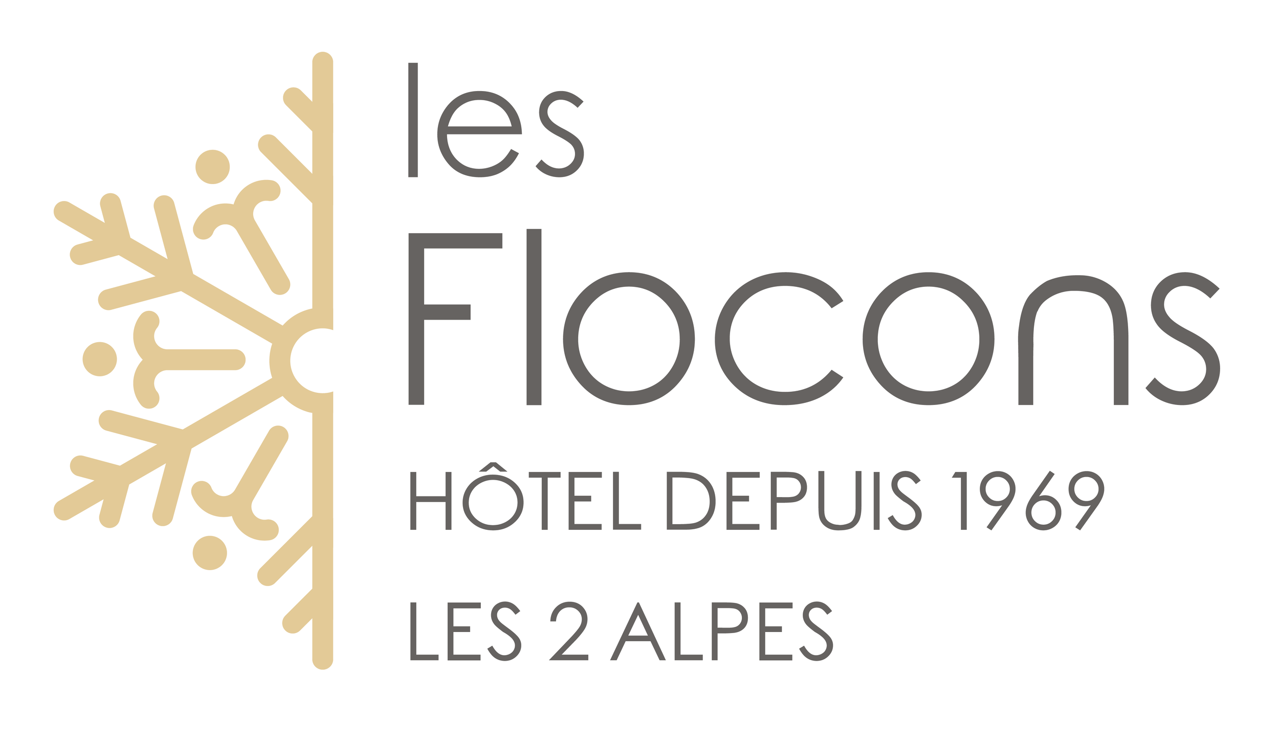 Logo de l'hôtel Les Flocons, une étoile de neige beige à gauche, avec le texte en français "les Flocons", "Hôtel depuis 1969", "Les 2 Alpes" en gris.