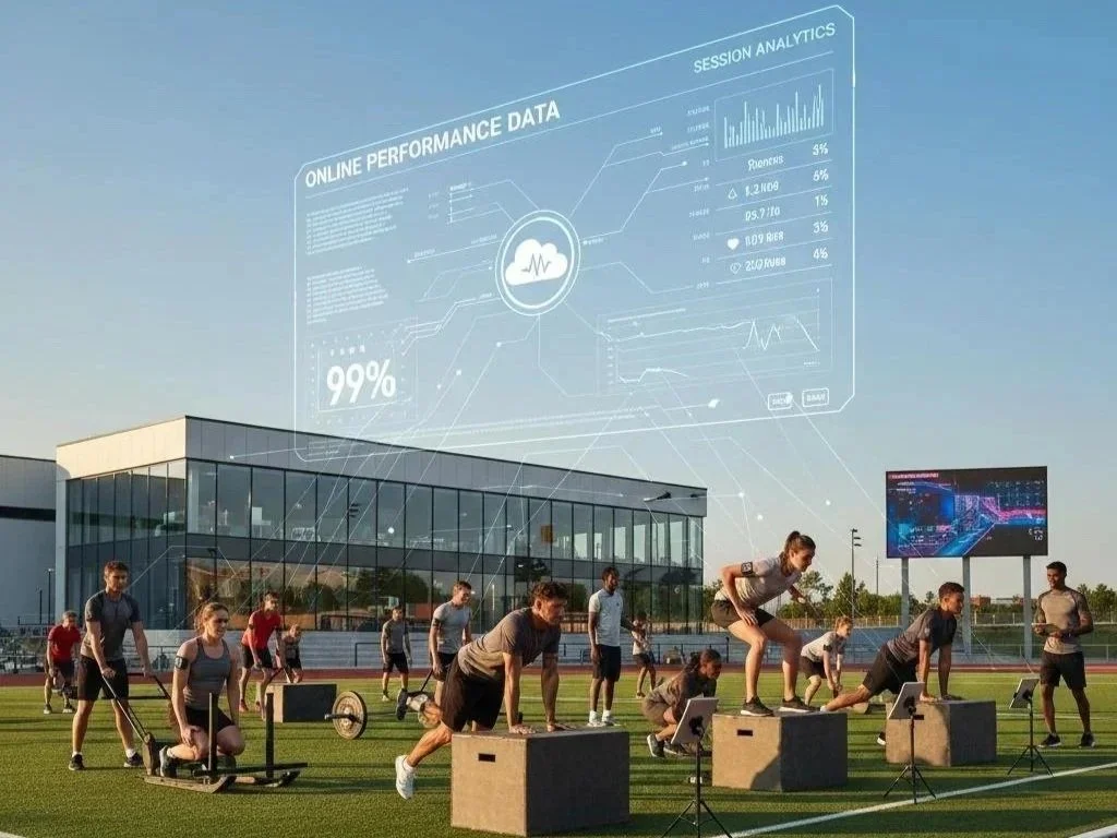 People working out on a sports field with a futuristic digital overlay of data analytics above them.