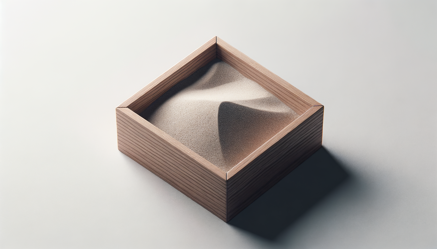 A wooden square container filled with fine, light-colored sand, casting a shadow on a light-colored surface.