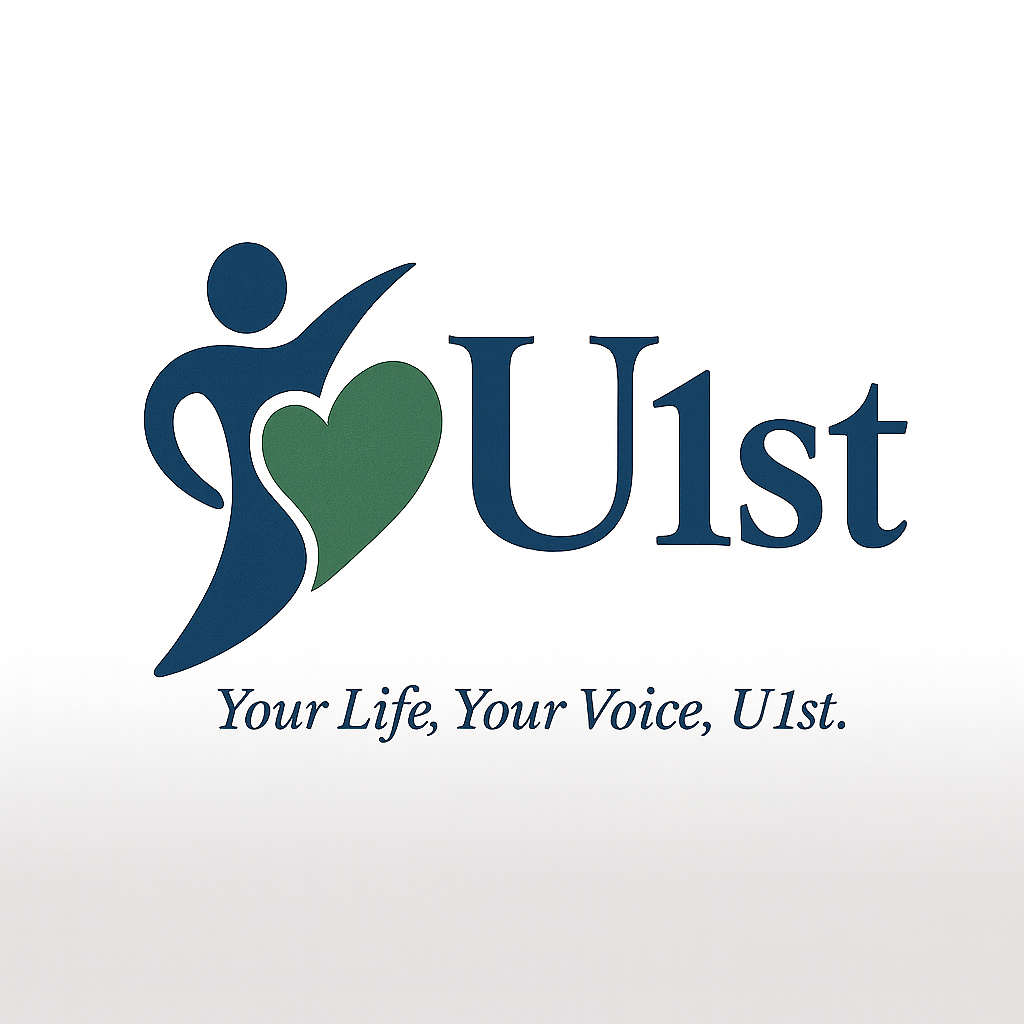 Logo featuring a stylized human figure with a raised arm, a green heart, and the text 'U1st' with the slogan 'Your Life, Your Voice, U1st.'