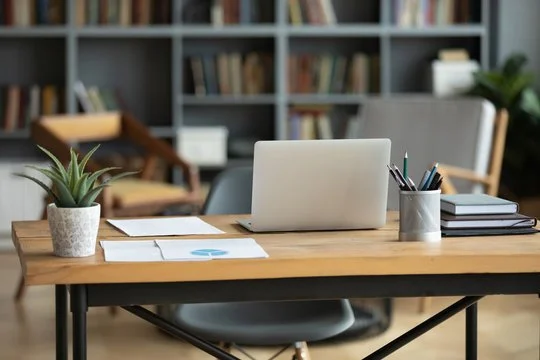Office desk with a laptop, potted plant, and stacks of papers, in front of a bookshelf and chair.