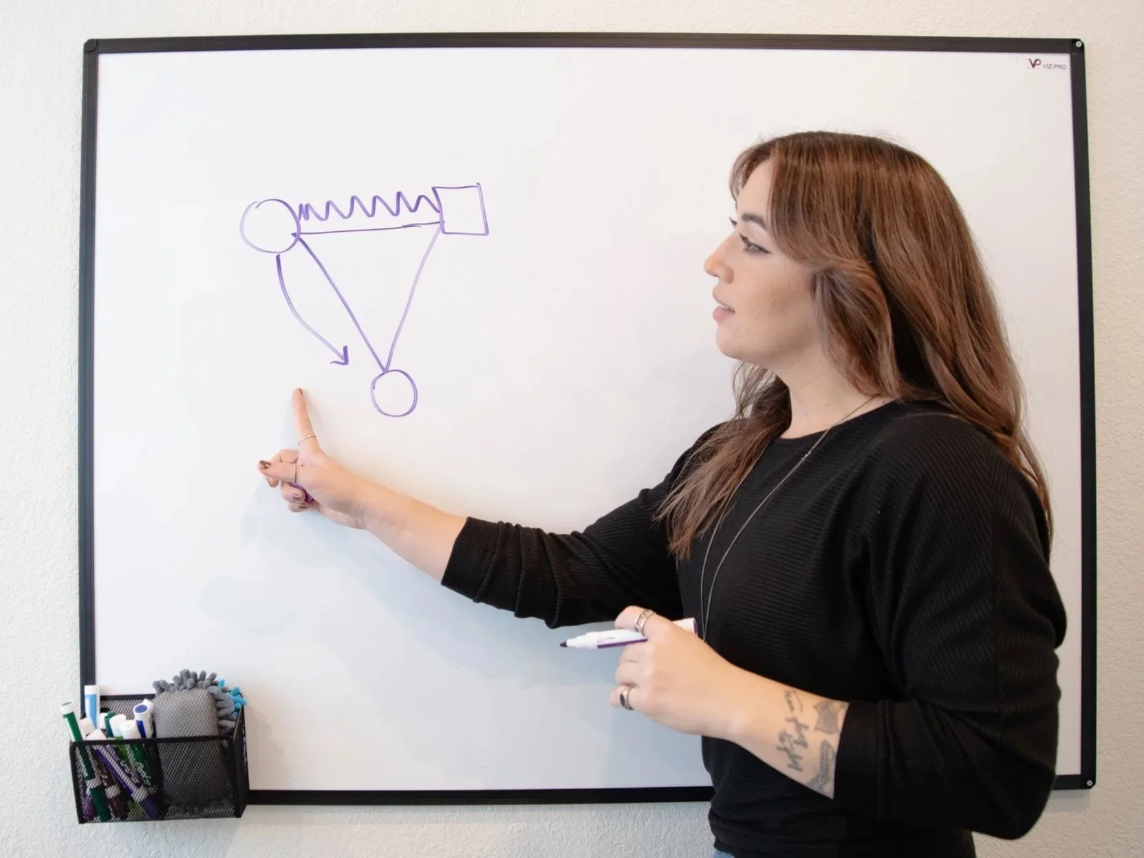 A woman with brown hair points at a diagram drawn on a whiteboard, which includes circles, lines, and a square, likely illustrating a scientific or technical concept, with a container holding markers in the corner.