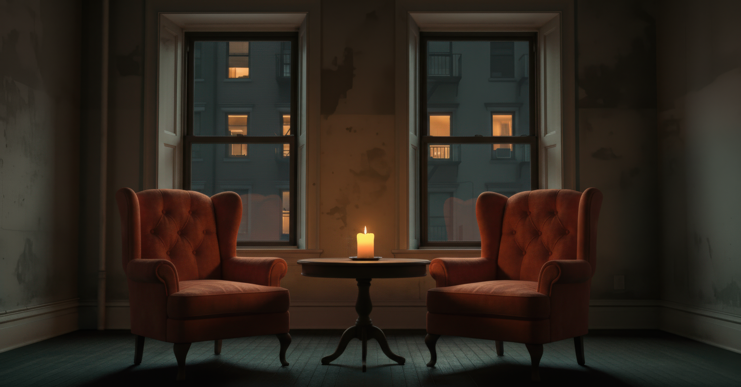 Two armchairs facing each other with a small table and a lit candle between them, in front of two large windows showing an exterior apartment building at dusk.