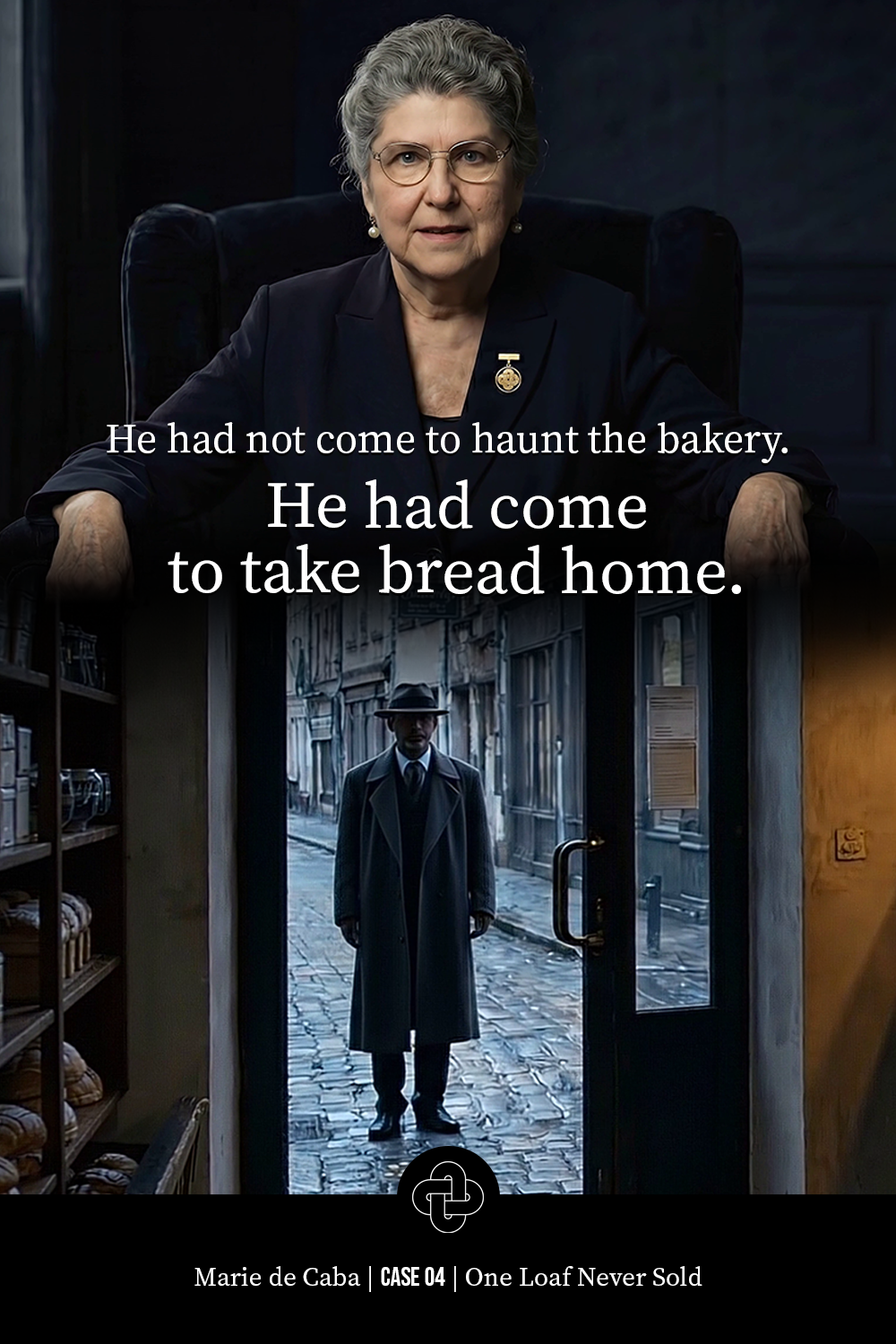 A woman with gray hair, glasses, and pearl earrings, dressed in dark clothing, sits in a black armchair, with a serious expression. Below her, an image of a man in a long coat and hat stands on a cobblestone street. The text overlay reads: 'He had not come to haunt the bakery. He had come to take bread home.' The bottom shows: 'Marie de Caba | CASE 04 | One Loaf Never Sold.'