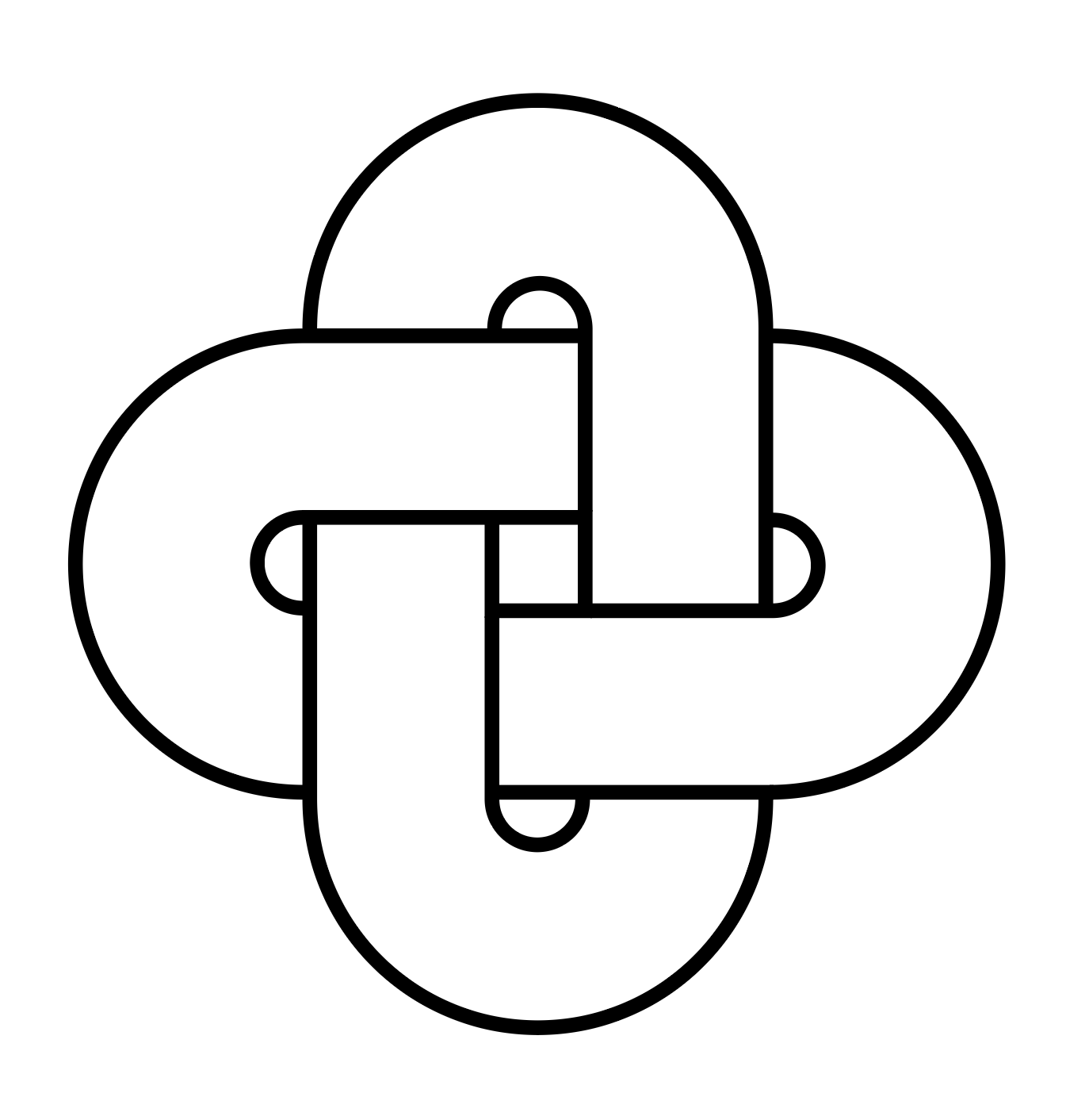 Interlaced black line forming a Solomon’s knot symbol, with four rounded loops woven over and under each other, centered on a white background, minimalist and symmetrical.