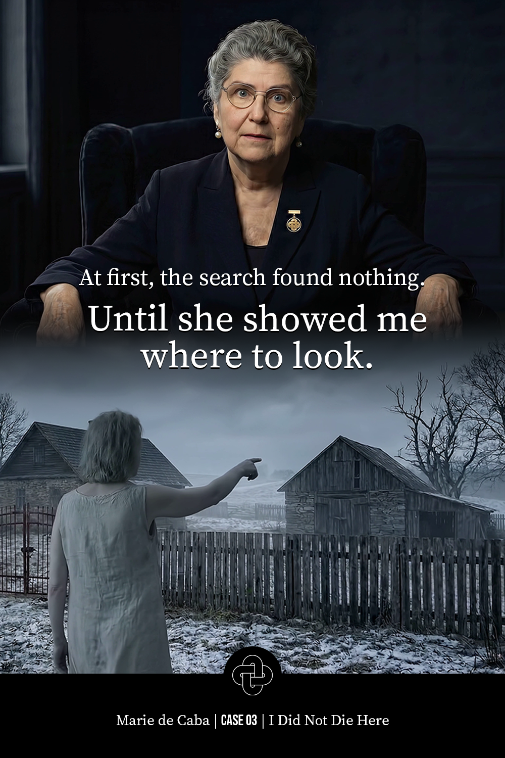 A woman with gray hair and glasses, dressed in a dark blazer with a pin, sitting in a dark room. Below her, there is a black-and-white image of a woman with short hair pointing towards an old barn or house in a rural setting, with leafless trees and a wooden fence in the background. The image contains a quote: 'At first, the search found nothing. Until she showed me where to look.' At the bottom, it says: 'Marie de Caba | CASE 03 | I Did Not Die Here'.