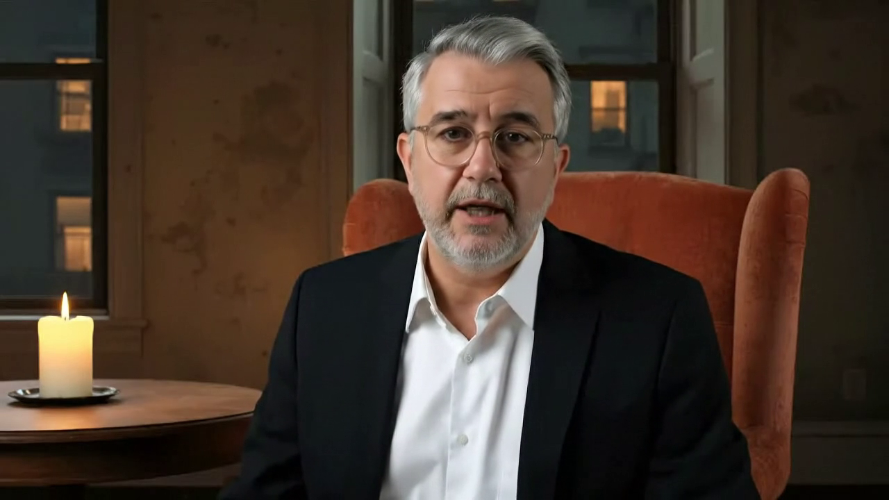 An older man with gray hair and beard, wearing glasses, a white shirt, and a dark blazer, sitting in an orange upholstered chair in a dimly lit room with a candle on a table beside him.