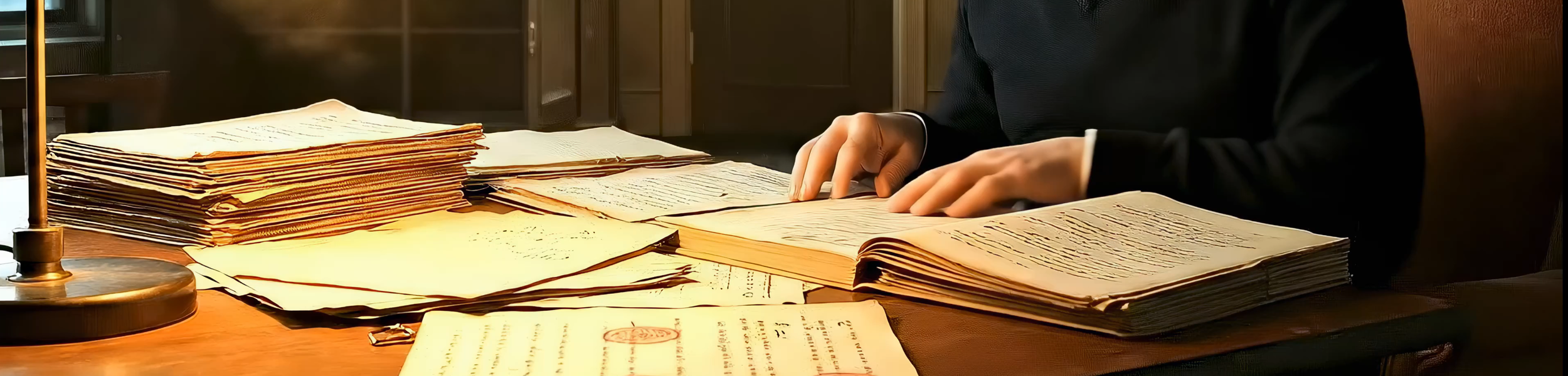 A person in formal attire examining, with hands visible, a large stack of handwritten and old documents spread across a wooden desk, with a gold desk lamp on the left side.