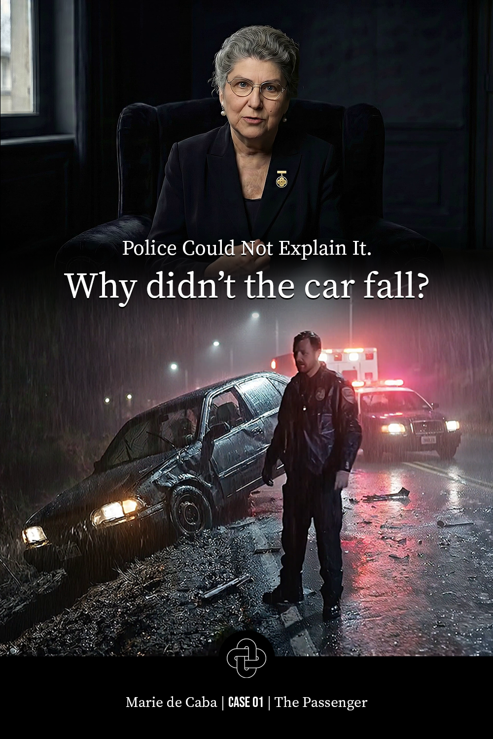 Top image: Marie de Caba in a dark room, wearing a black blazer with a gold pin. Bottom image: a car crash scene at night with a damaged vehicle on the roadside, a person in a raincoat walking nearby, and police vehicles with flashing lights.