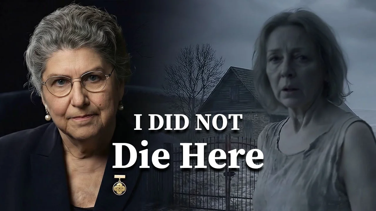 A composite image featuring two women, one on the left with gray hair, glasses, and a serious expression, and another on the right with shoulder-length hair and a distressed expression. A dark, old house with a gate is in the background, and the text "I DID NOT Die Here" is superimposed in the center.