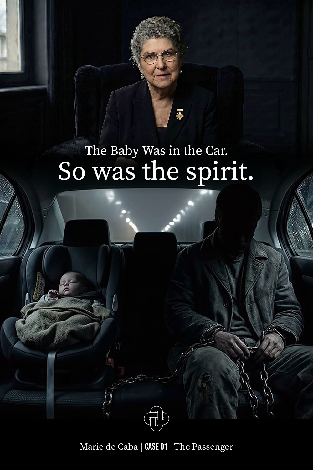 A split-screen image with an older woman in a dark room at the top and a car interior at the bottom. The woman has grey hair, glasses, and a serious expression, wearing a dark blazer with a medal on her lapel. The car's back seat features a sleeping baby in a car seat wrapped in a blanket, and a man with chains on his wrists, wearing a leather jacket, with his face in shadow. The text overlays read: "The Baby Was in the Car. So was the spirit." The bottom includes the text: "Marie de Caba | CASE 01 | The Passenger."