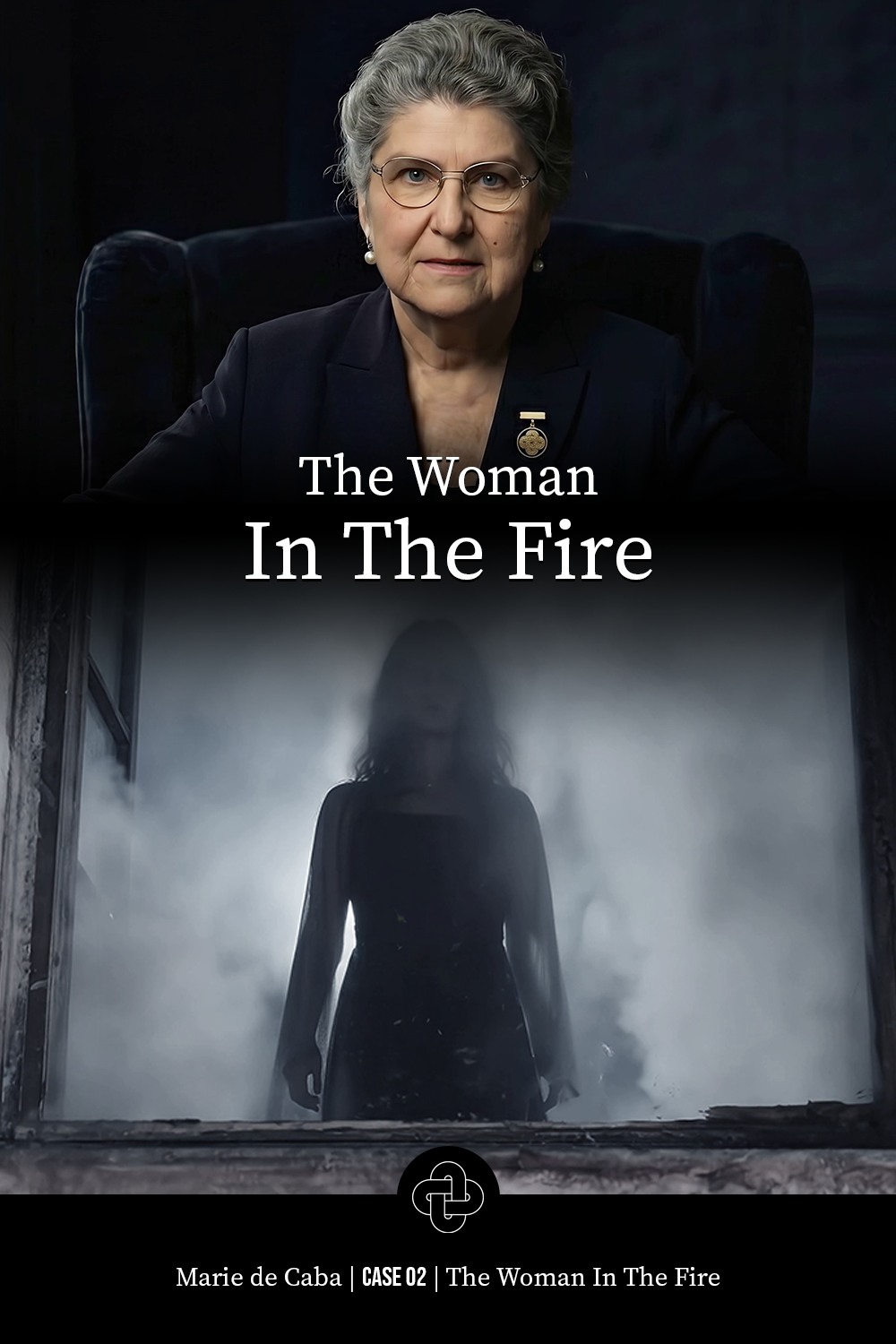 Cover of the video titled 'The Woman In The Fire' featuring Marie de Caba, sitting in a dark environment, and a silhouette of a woman with long hair walking through smoke or fog.