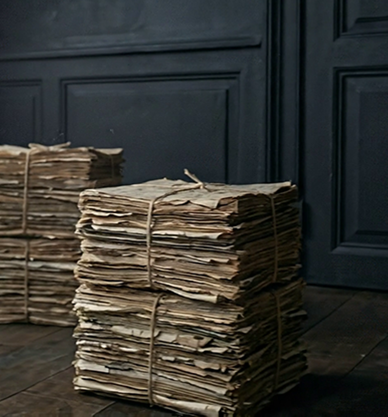 Stacks of old, weathered papers tied with string on a wooden floor next to a blue paneled wall.