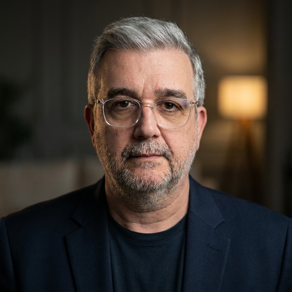 Val Ferren portrait. A middle-aged man with gray hair and glasses, wearing a dark blazer and black shirt, looking directly at the camera with a neutral expression. The background is dimly lit with a blurred warm light.