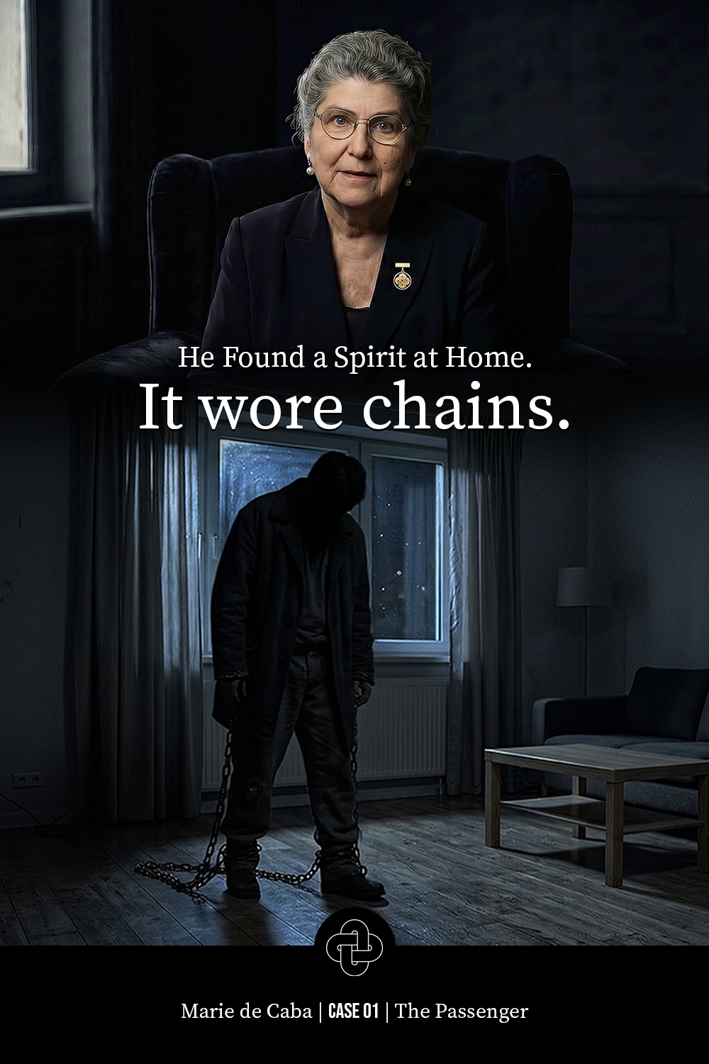 A woman in formal attire sitting in a dark room, with a serious expression. The text overlay says: "He Found a Spirit at Home. It wore chains." Below, a silhouetted figure with chains stands in front of a window in a dimly lit room. The image is related to a story titled "The Passenger" by Marie de Caba.