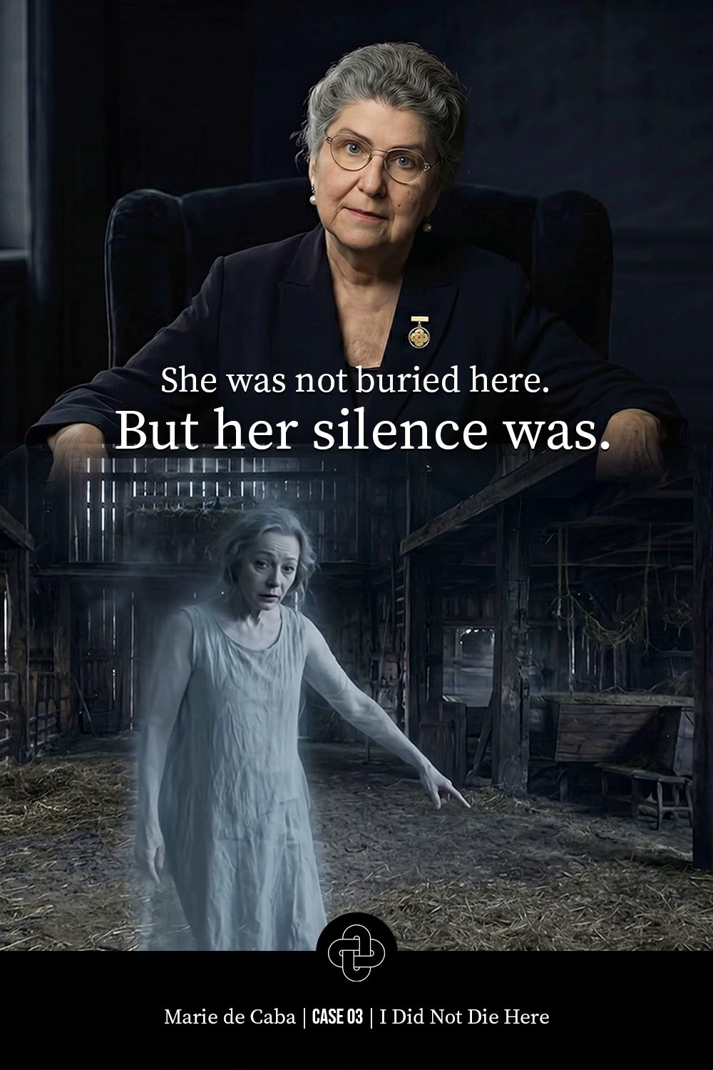 A movie poster for "I Did Not Die Here," featuring Marie de Caba sitting in a dark, old barn with a ghostly figure of a woman in a white dress pointing. The poster includes the quote: "She was not buried here. But her silence was." and credits Marie de Caba, CASE 03.