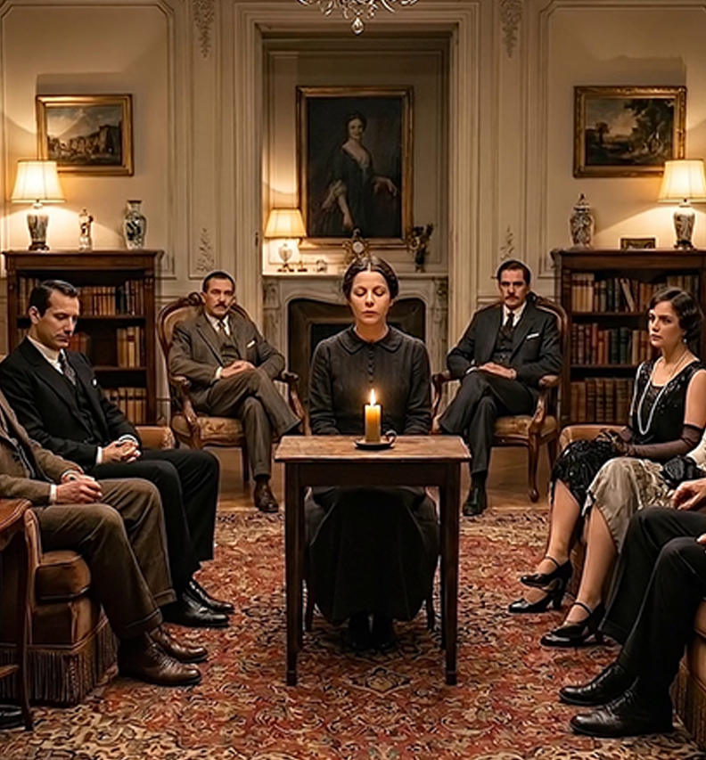 A group of seven people sitting in a living room around a table with a lit candle, in a serious or contemplative mood. The room is decorated with paintings, lamps, and bookshelves.