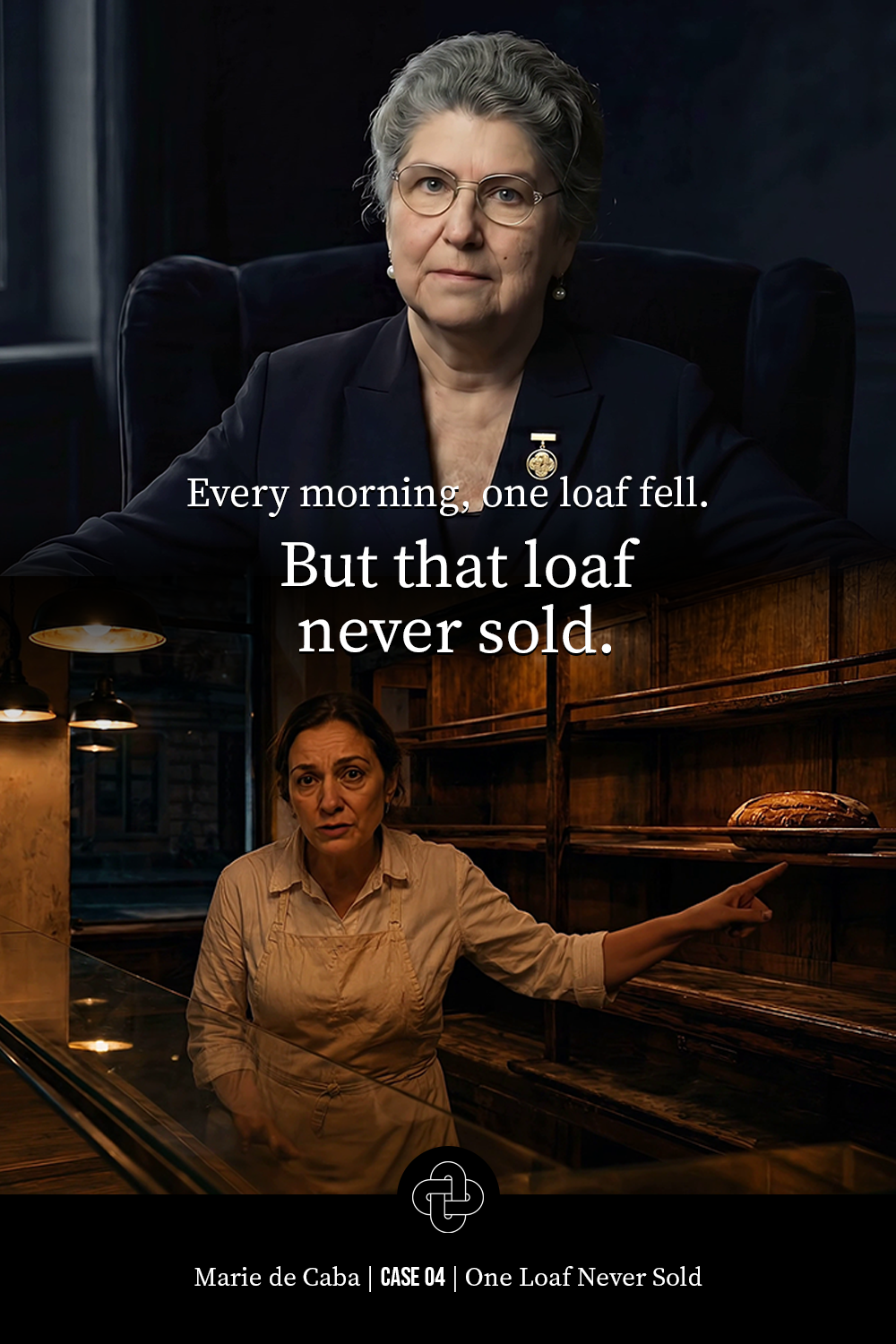 A split image: the top shows an older woman with gray hair, glasses, and a navy blazer, sitting in an office setting. The bottom shows a middle-aged woman with dark hair, wearing a beige apron, working in a bakery. Overlay text reads, 'Every morning, one loaf fell. But that loaf never sold.'