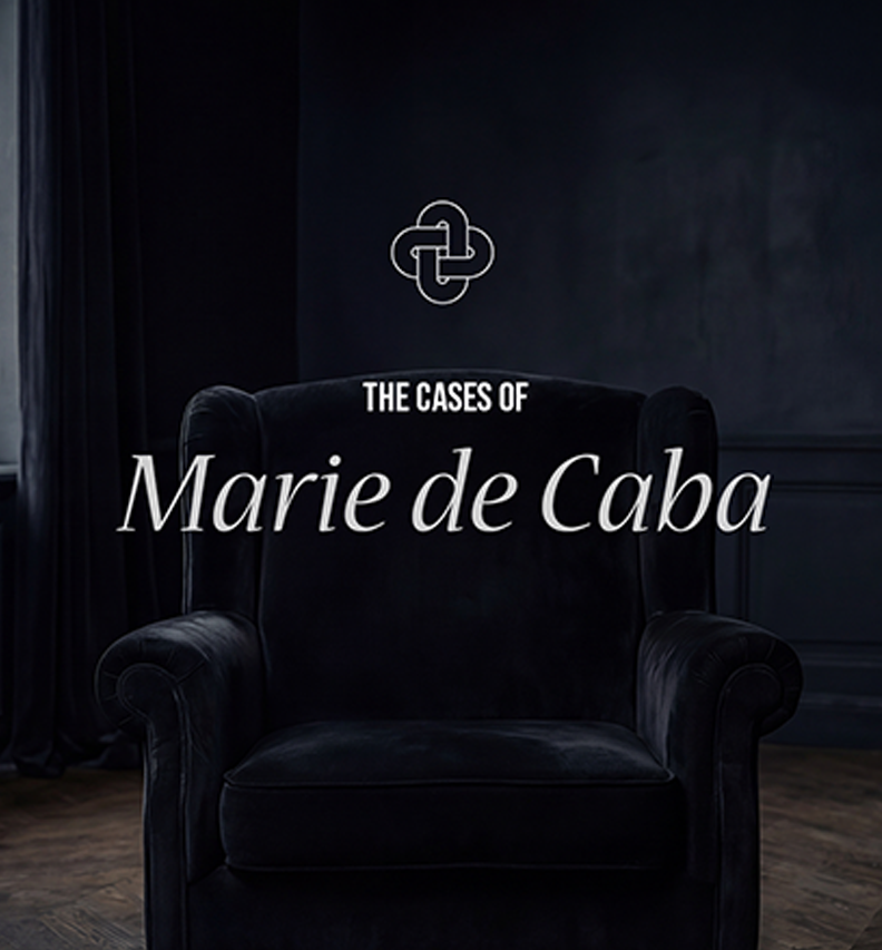 Dark room with a black velvet armchair, a window with black curtains, and a wall with a Celtic knot symbol and the text "The Cases of Marie de Caba".