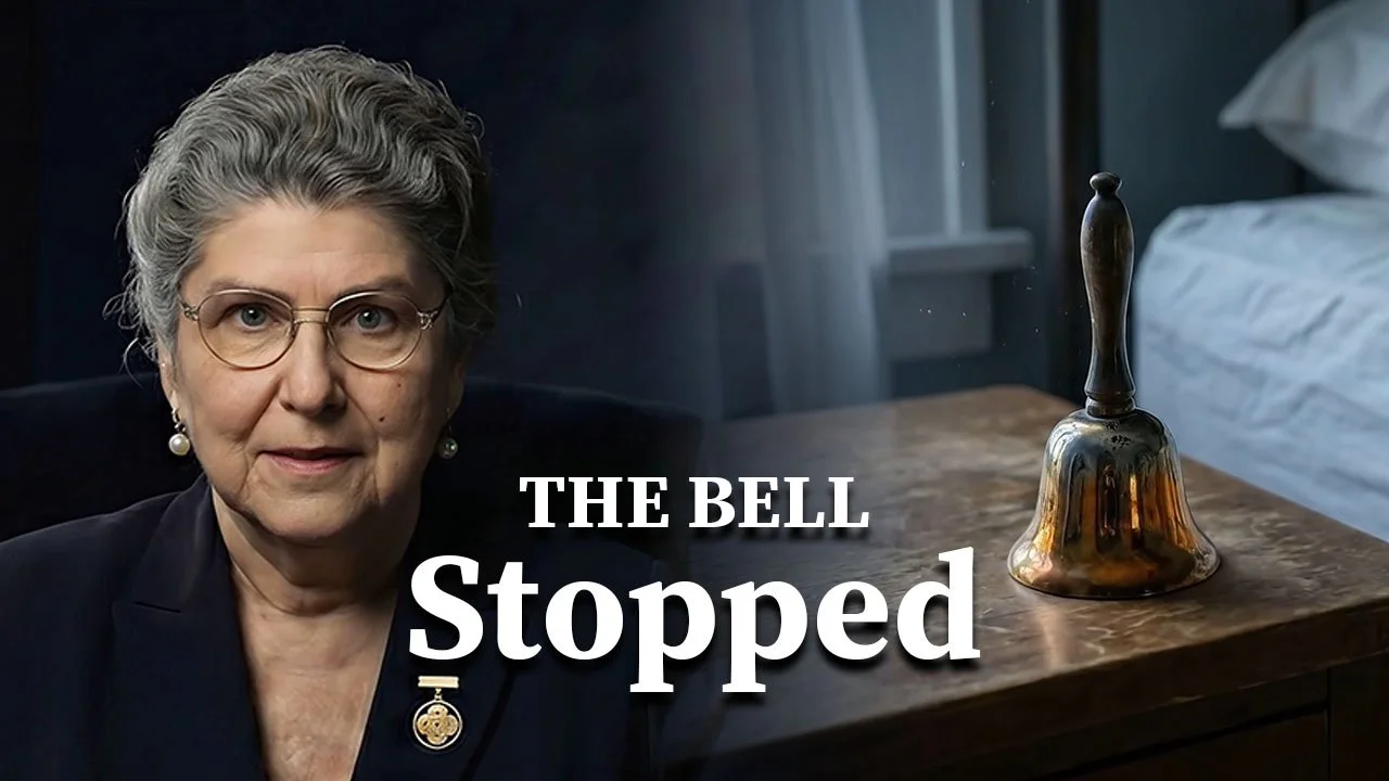 An older woman with gray hair, glasses, and pearl earrings, sitting in a dimly lit room with a wooden table and an old-fashioned bell on it. The text reads "THE BELL stopped."
