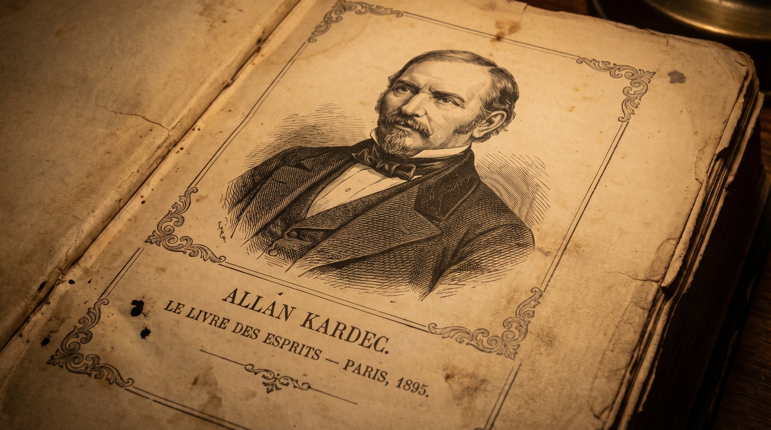 An old, worn book open to a page with a detailed portrait of a man with facial hair, wearing a suit and bow tie. The page shows signs of age, such as staining and torn edges. The text visible indicates it is about Allan Kardec, a French author, with a focus on spiritism, and mentions Paris in 1895.