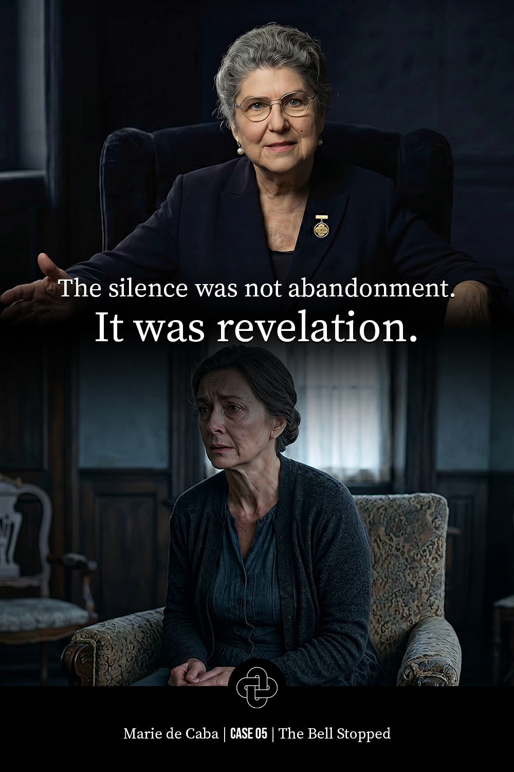 Two women engaged in serious conversation, one older woman sitting in a dark room, the other older woman sitting in a well-lit room, with text overlay that reads: "The silence was not abandonment. It was revelation."