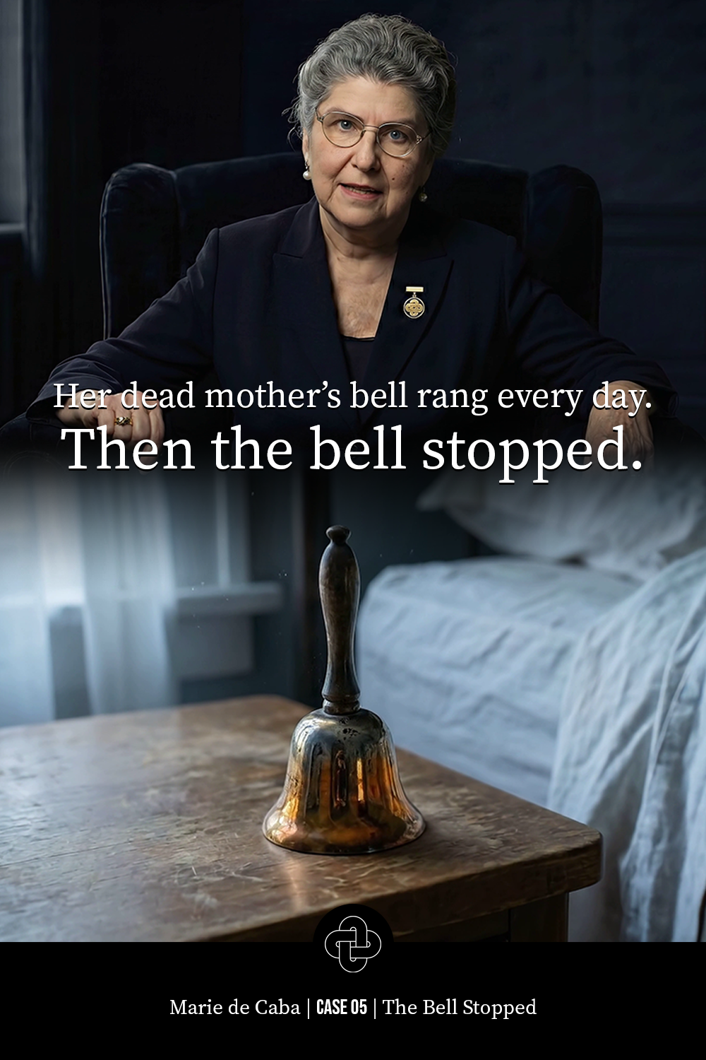 An older woman with gray hair, glasses, and wearing a dark blazer, sitting at a desk with a serious expression. A bell is placed on a wooden table in front of her, and the screen contains a quote about a dead mother's bell ringing daily and then stopping.
