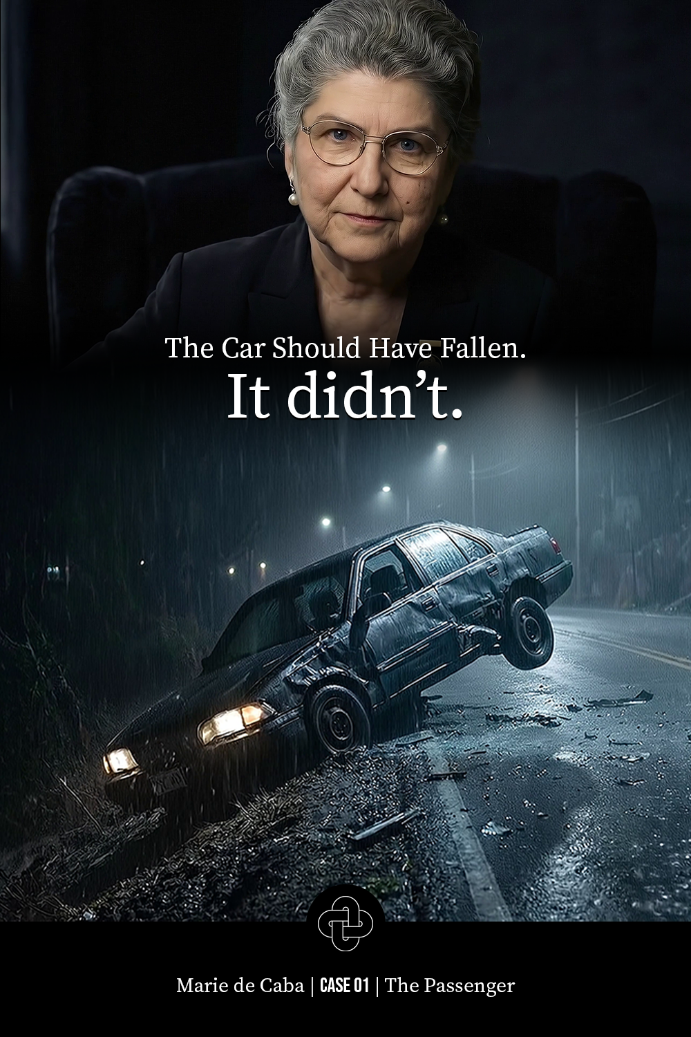 Marie de Caba in a dark room, with a serious expression. Below her, a dark car crashed into a ditch in a rainy scene at night. Text overlay: "The Car Should Have Fallen. It didn’t."  The image is related to a story titled "The Passenger".