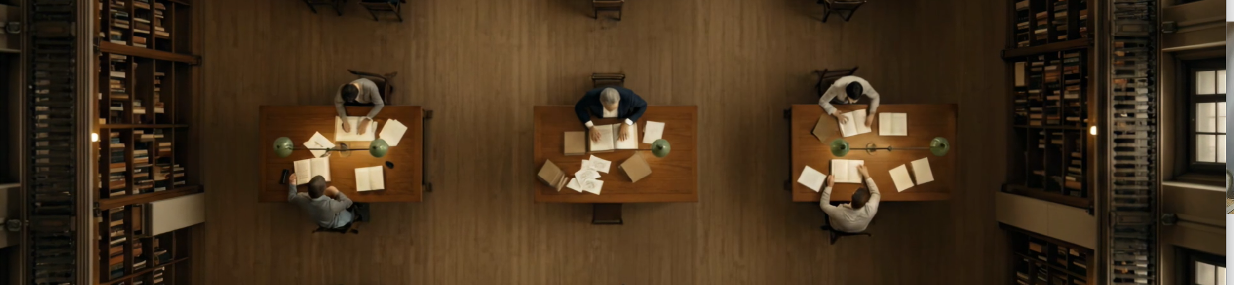 Overhead view of a quiet library reading room with three wooden tables, people studying archival books and papers under green lamps, tall bookshelves lining both sides, warm cinematic lighting and symmetry.