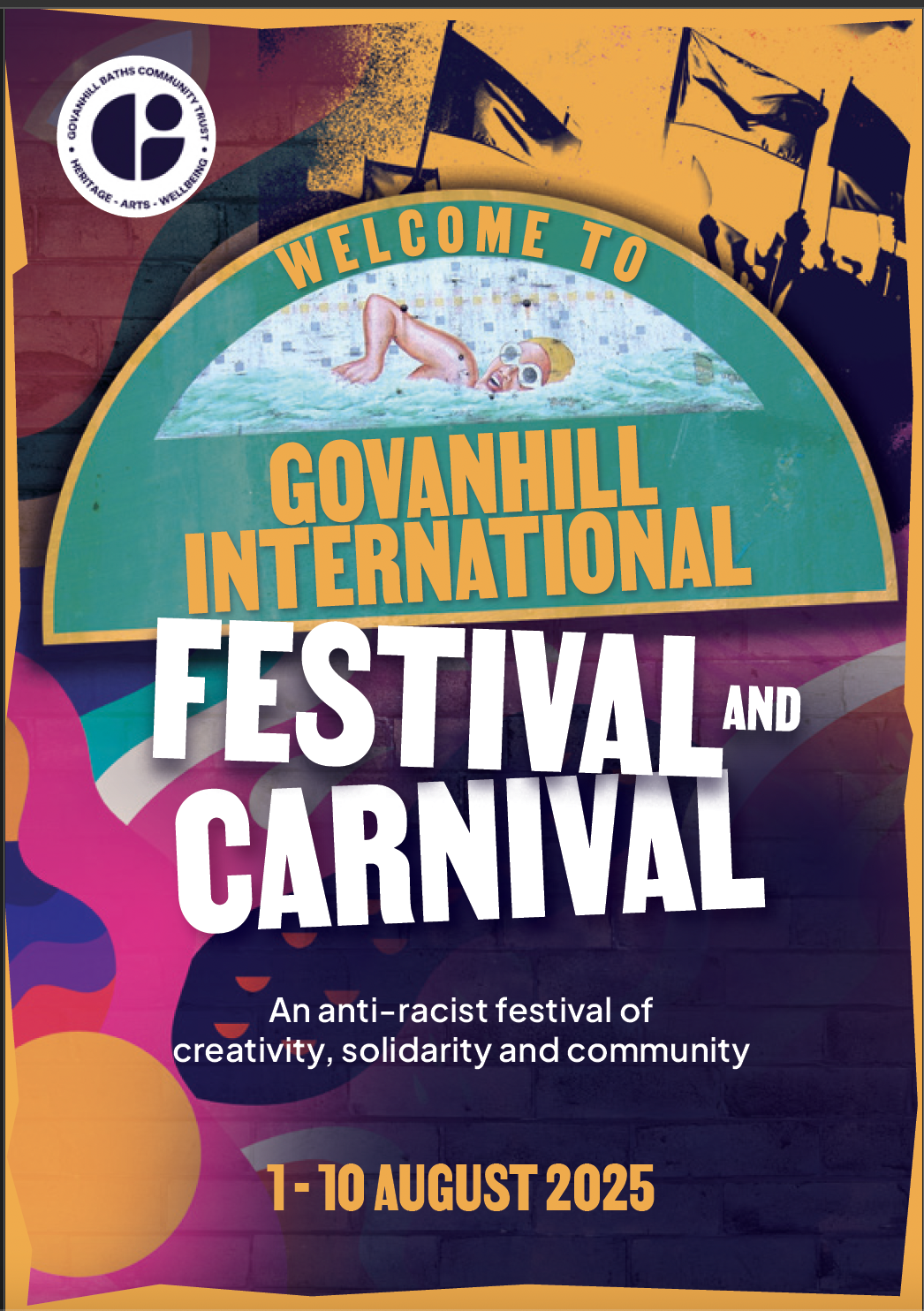 A colorful poster promoting the Govanhill International Festival and Carnival from August 1 to 10, 2025, with a swimming pool scene of a swimmer and a silhouette of people holding flags, and a small logo in the top left corner.
