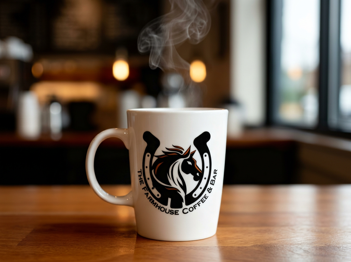A white mug with a logo of a unicorn and horseshoes on it, and the words "The Farmhouse Coffee & Bar" written around the unicorn, sitting on a wooden table with steam rising from the hot beverage inside, in a cozy cafe setting.