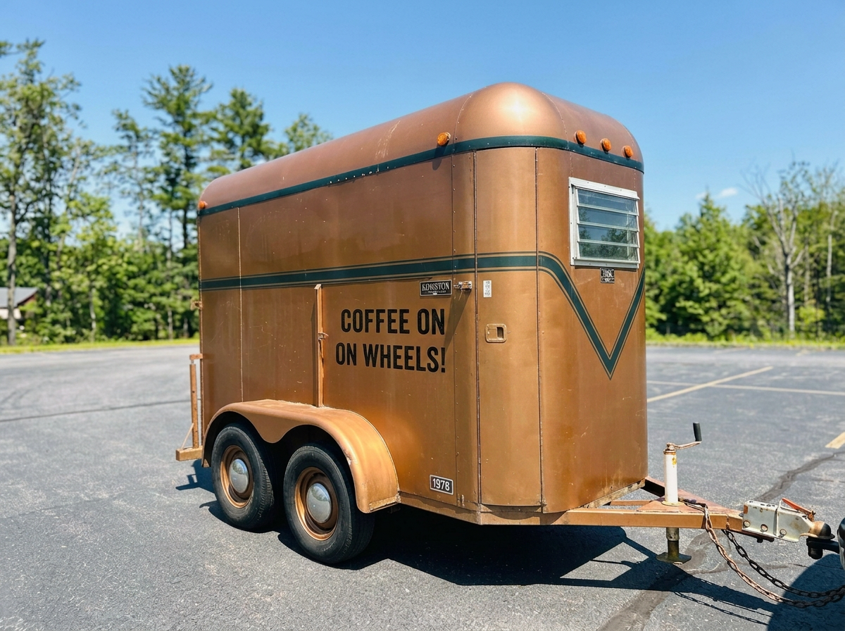 A vintage brown food trailer with the words "Coffee On Wheels!" painted on the side, parked in a lot with trees and a clear blue sky in the background.