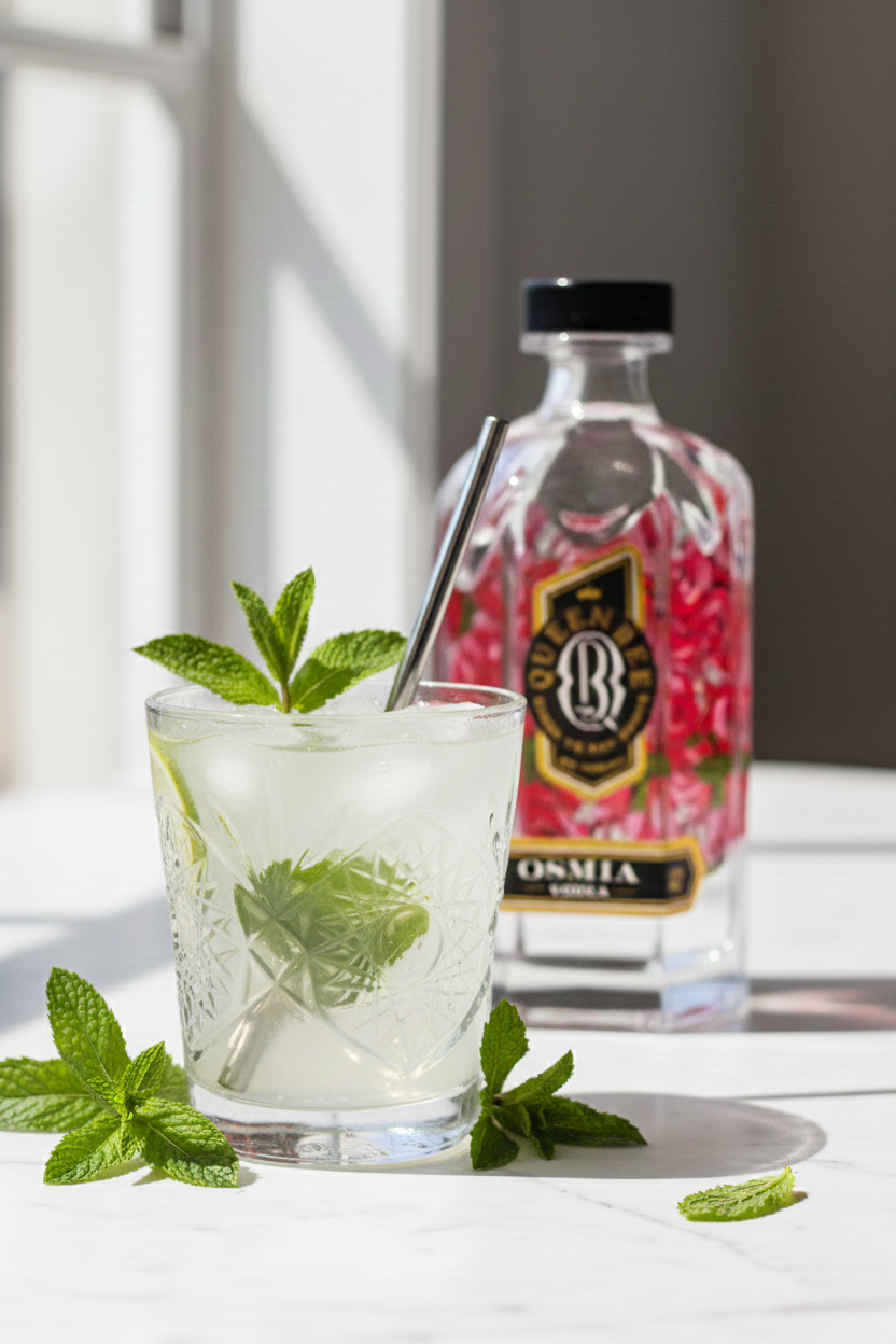 A glass of mojito with mint leaves, lime, and a metal straw on a white surface, with a bottle of liquor and a window in the background.