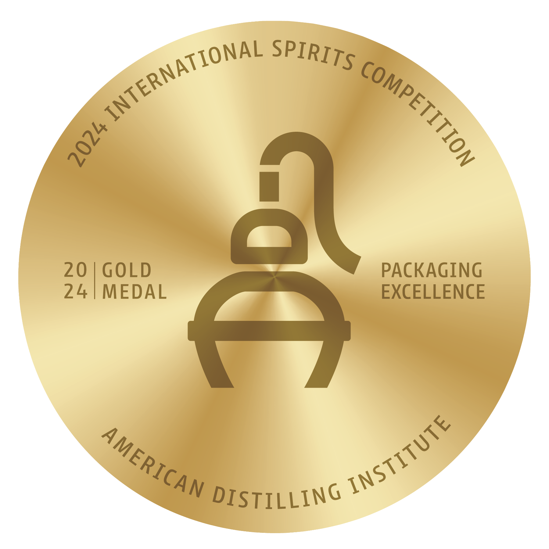 Gold medal for the 2024 International Spirits Competition, awarded by the American Distilling Institute, featuring a stylized distillation apparatus in the center.