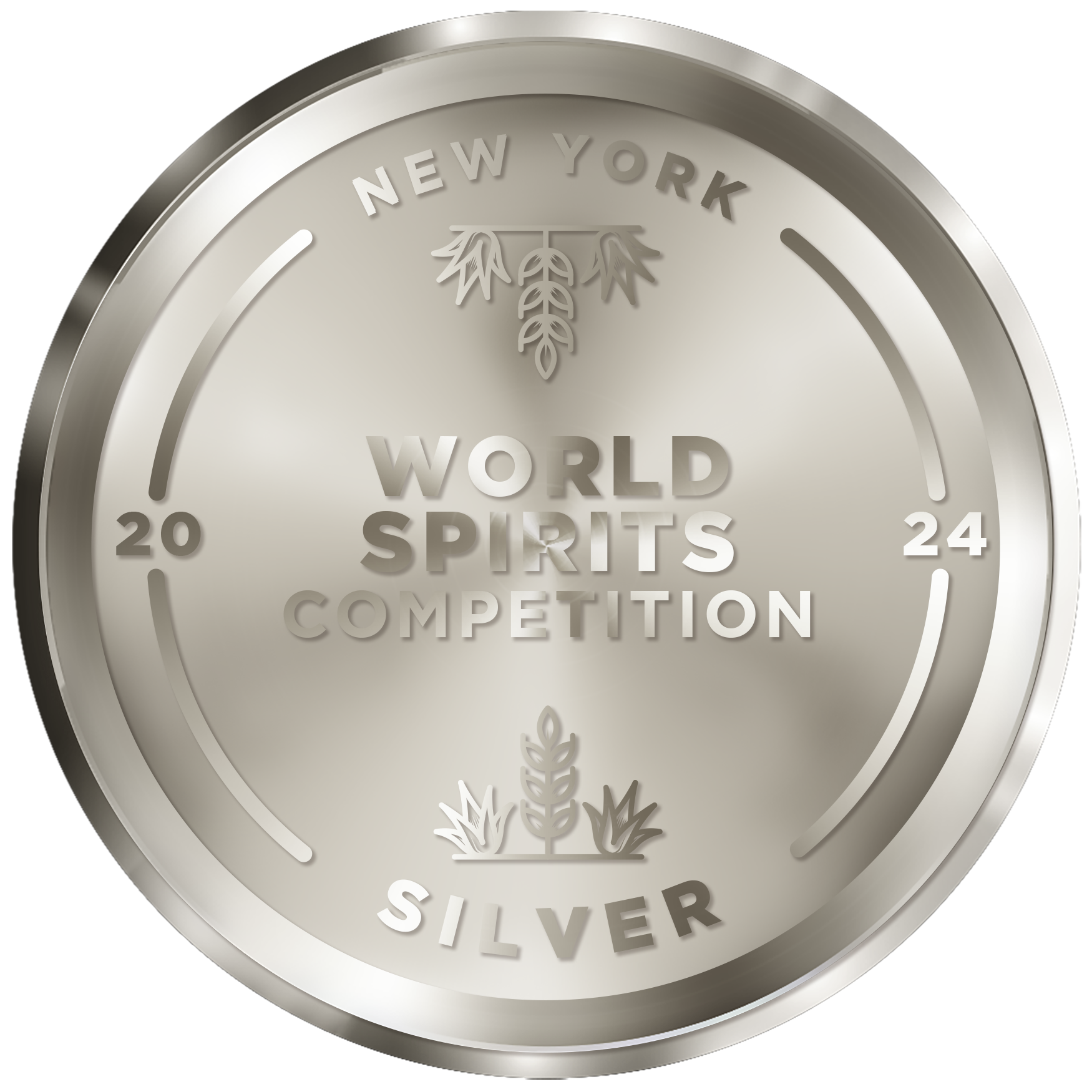 Silver medal for the World Spirits Competition, held in New York, with engraved text and decorative leaves.