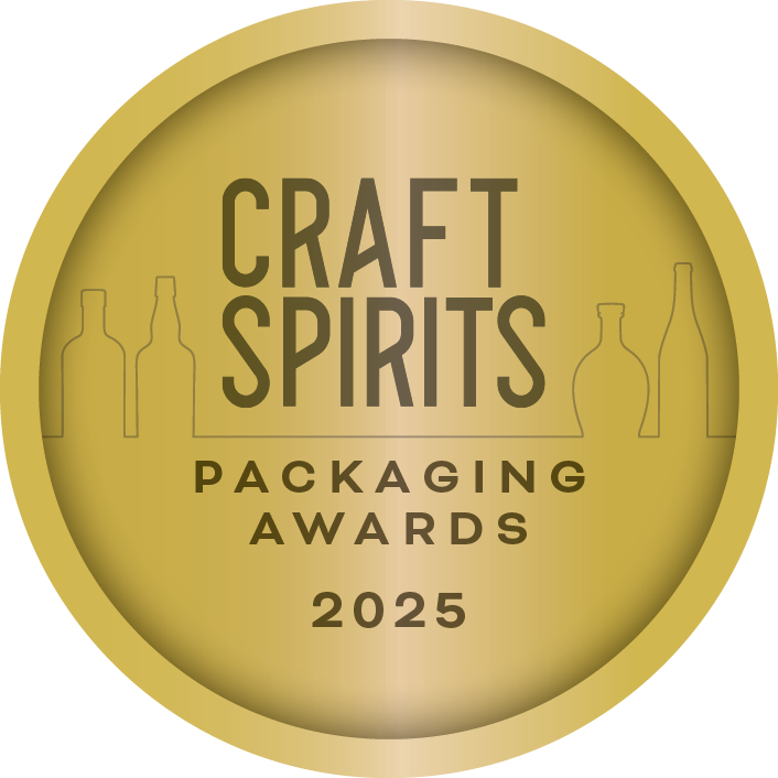 Gold-colored circular award badge for the Craft Spirits Packaging Awards 2025, featuring silhouettes of bottles in the background.